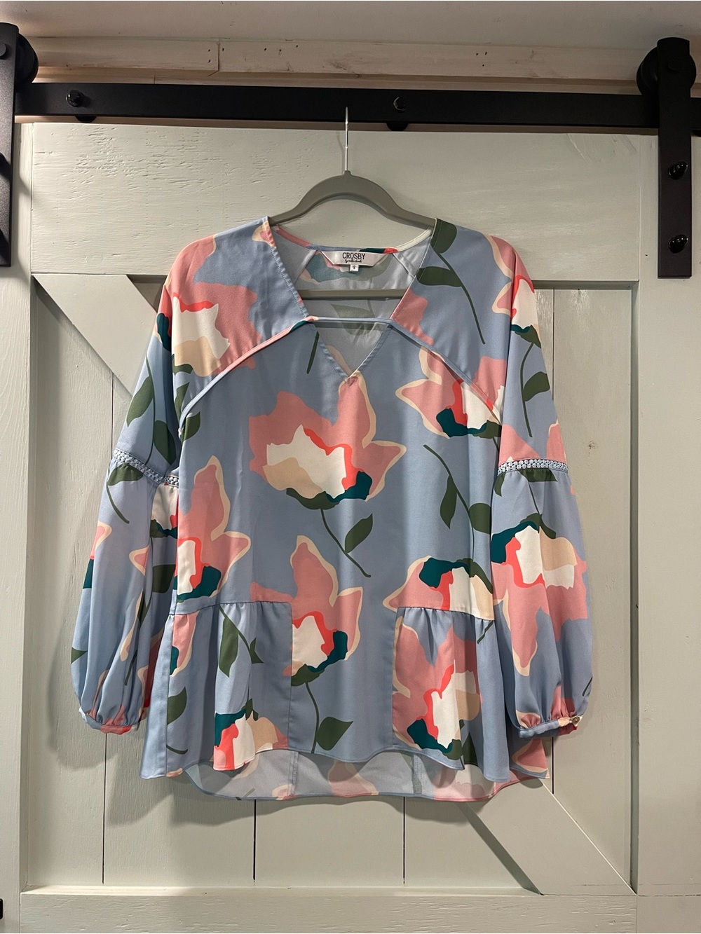 CROSBY by Mollie Burch Blue Floral Blouse with Pink & Cream
